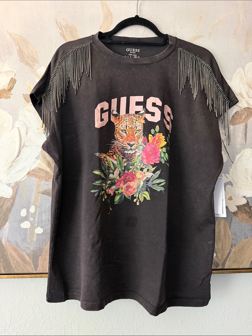 GUESS Black Graphic Tee with Rhinestone Fringe